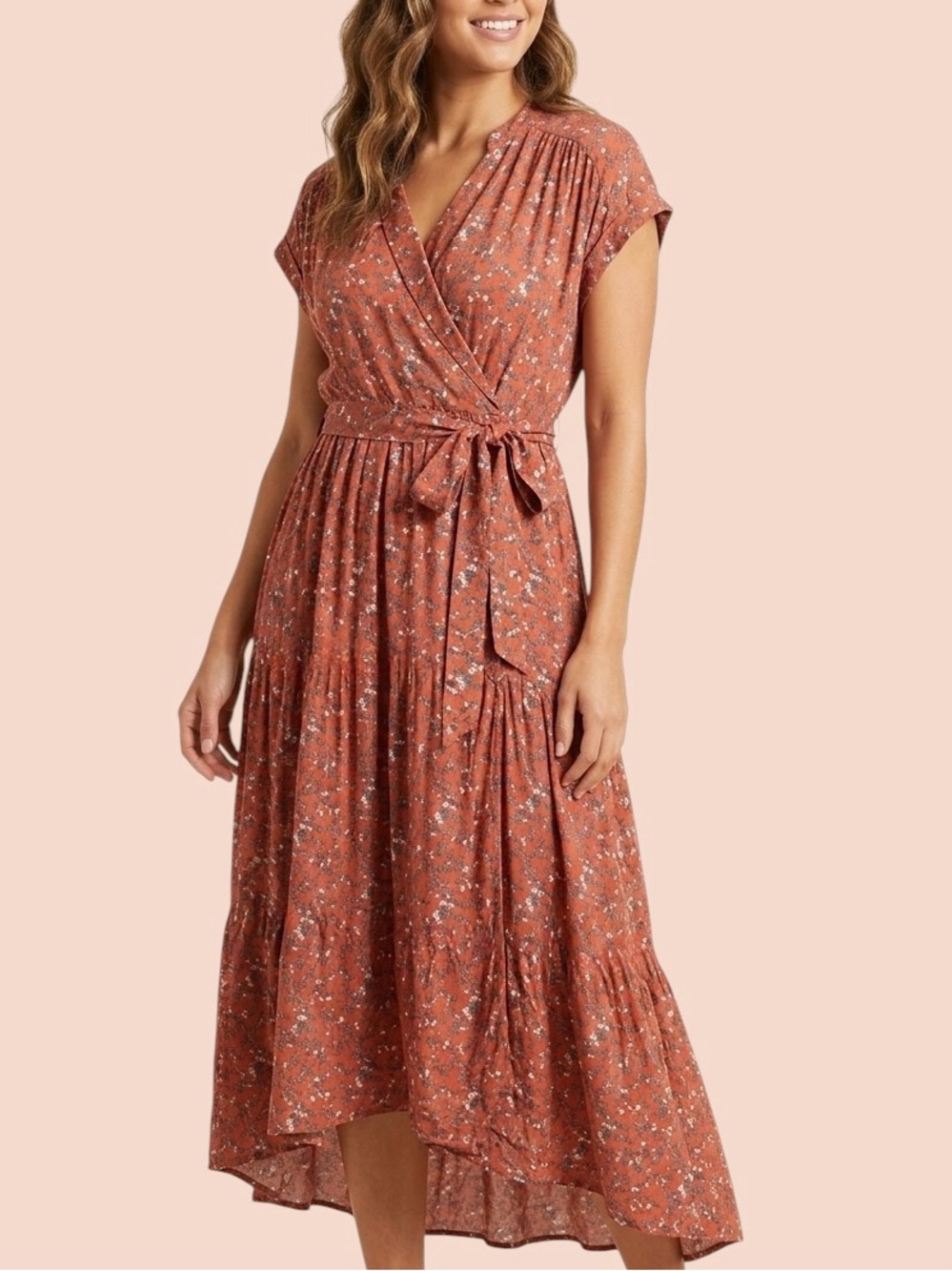 Umgee Orange‎ Floral High-Low Wrap Dress Tie Sz L Cotton Blend